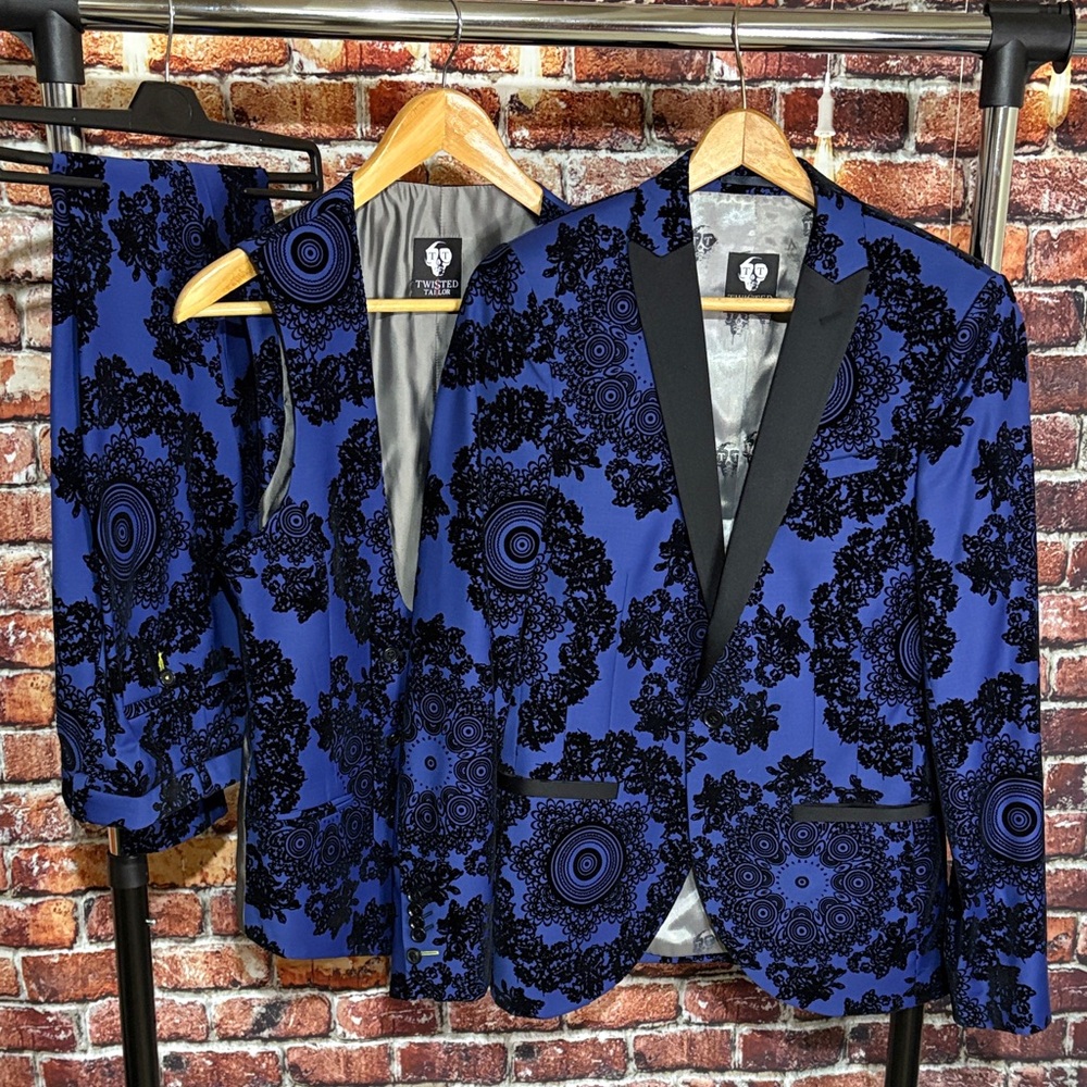 Twisted Tailor Tux Suit Mens Blue with Black velvet 38 jacket 34 x 32 pants vest